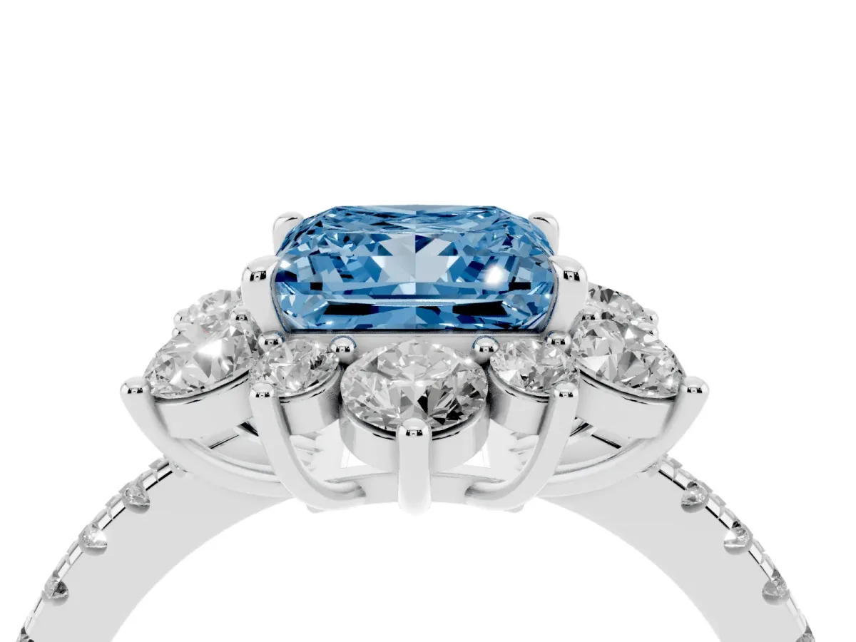Fancy Blue Princess Cut Diamond Floral Halo Ring with Round Pavé Band and Prong Setting White gold