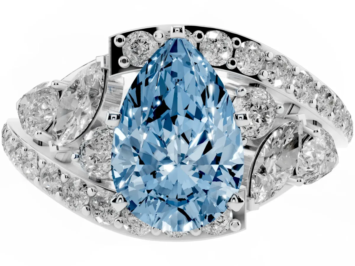 Fancy Blue Pear Cut Diamond Halo Ring with Marquise and Pavé Band in Prong Setting White gold