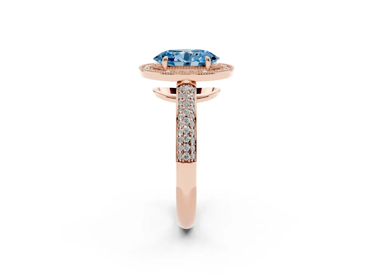 Fancy Blue Oval Cut Cut Halo Diamond Pave Band with Four-Prong Setting Rose gold