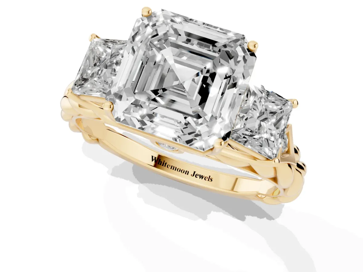 Three-Stone Asscher Cut Diamond Braided Band Ring with Four-Prong Setting Yellow gold