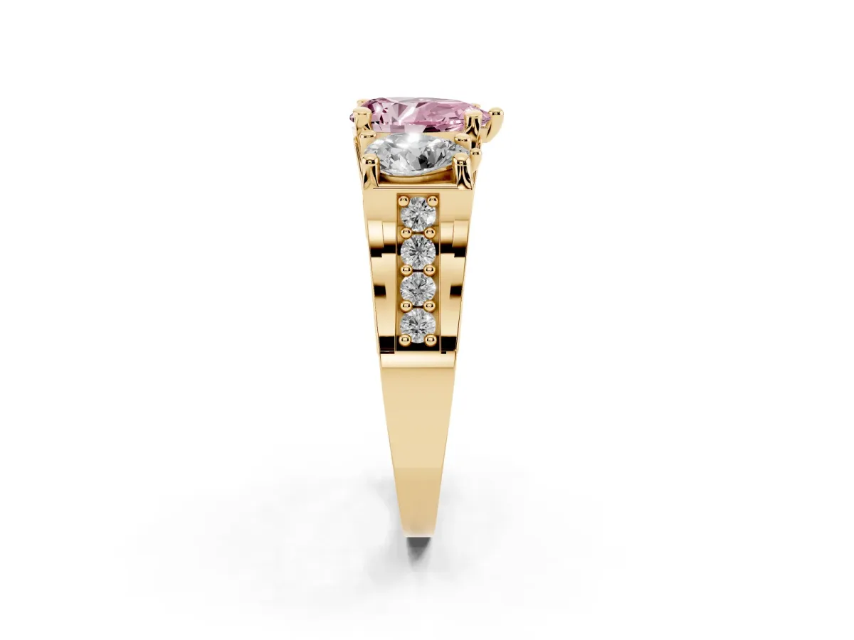 Fancy Pink Pear Cut Diamond Three-Stone Ring with Channel Set Band and Four-Prong Setting Yellow gold