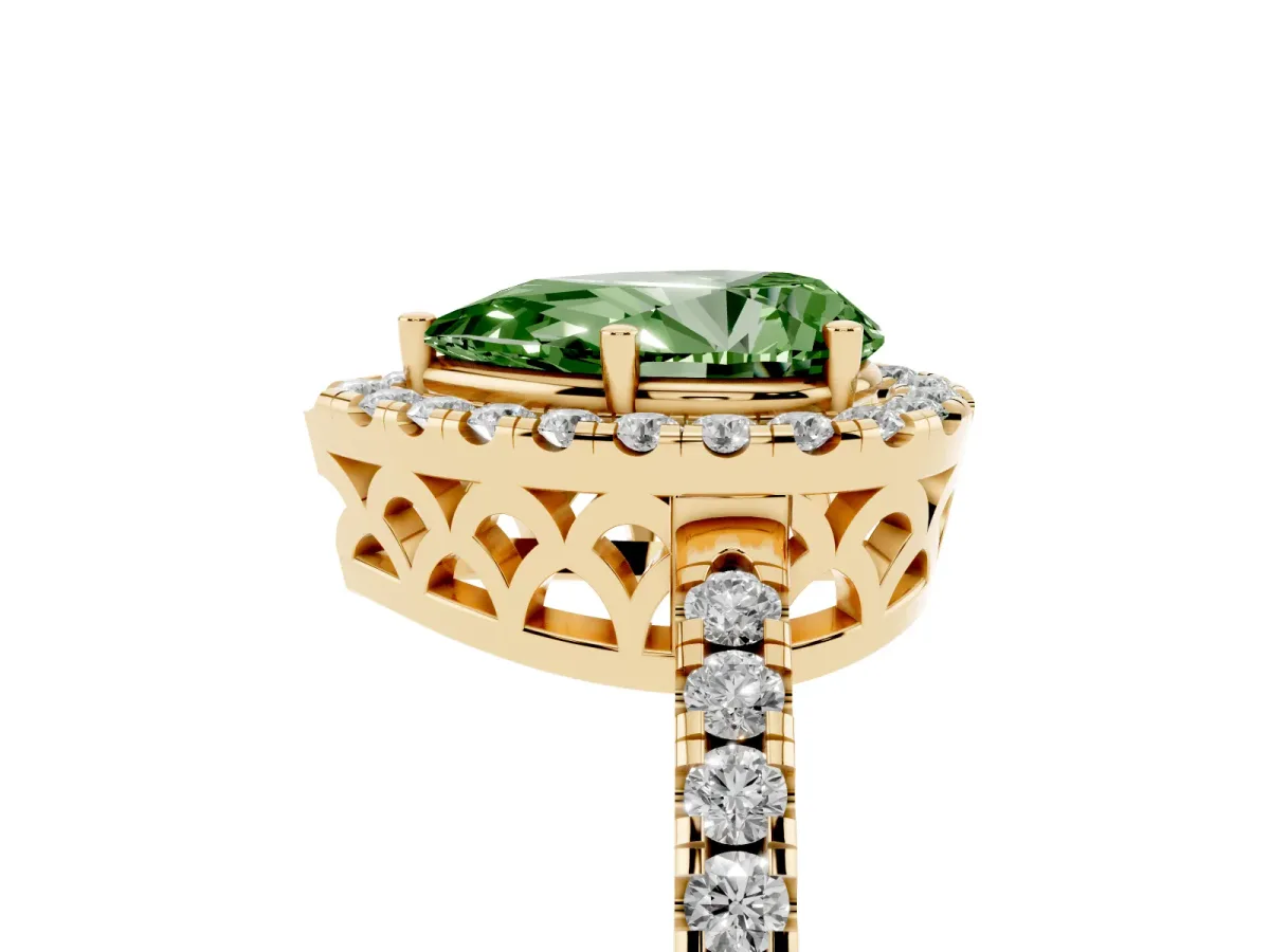 Fancy Green Pear Cut Halo Diamond Engagement Ring with Pavé Band and Four-Prong Setting Yellow gold