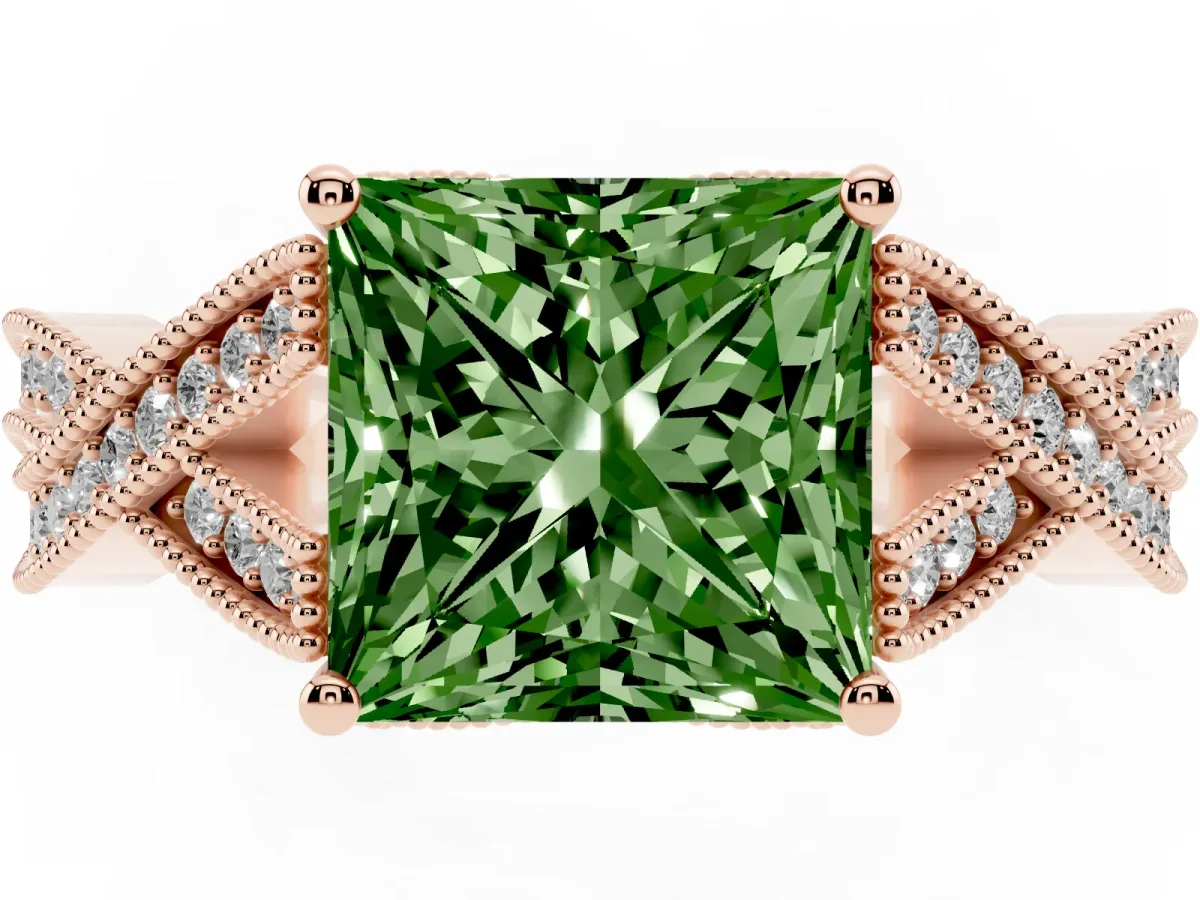 Fancy Green Princess Cut Cut Diamond Twisted Band with Milgrain Pave Setting and Four-Prong Setting Rose gold