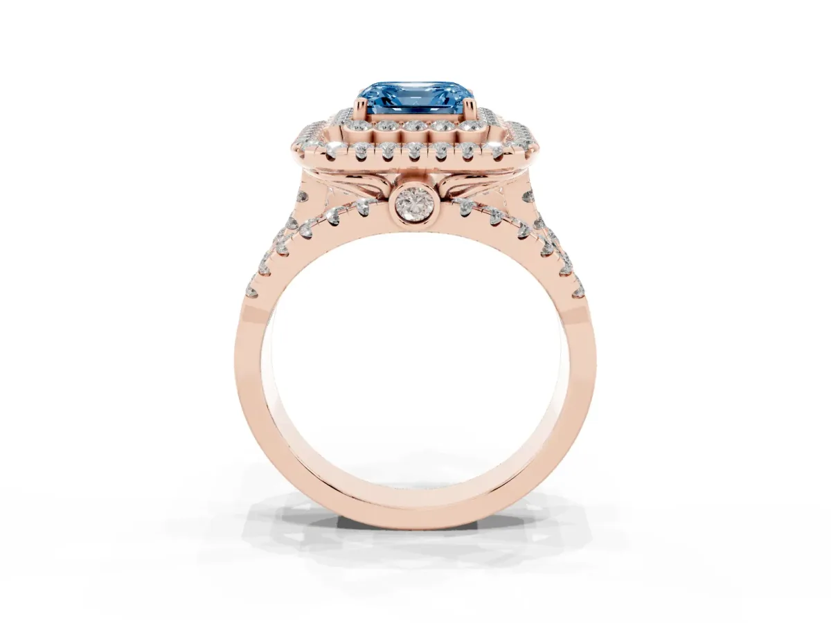 Fancy Blue Asscher Cut Diamond Double Halo Ring with Round Pavé Split Shank and Prong Setting Rose gold