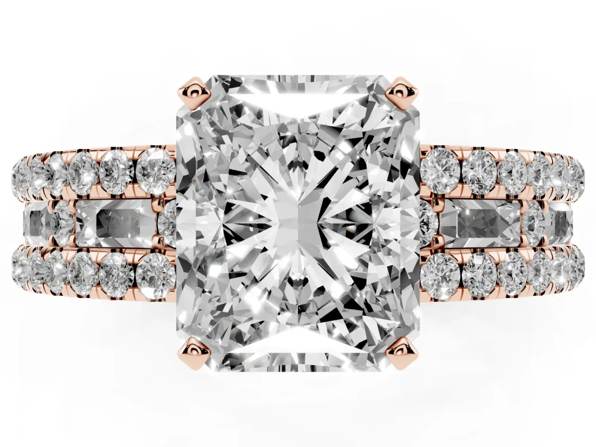 Radiant Cut Diamond Solitaire Ring with Pavé and Channel Set Band Rose gold