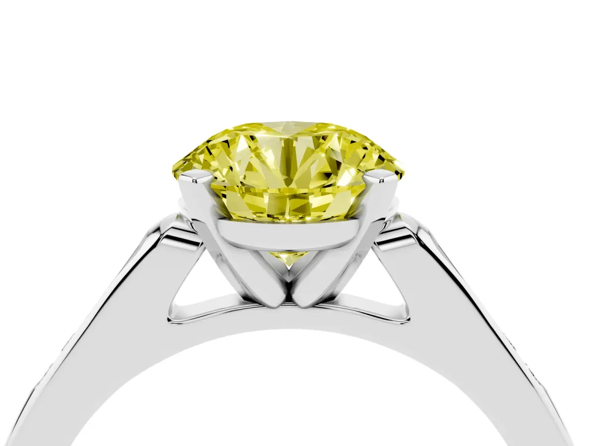 Fancy Yellow Round Cut Diamond Solitaire Ring with Channel Set Round Band and Prong Setting Silver