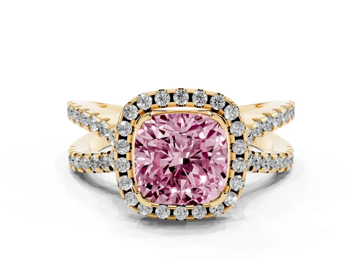 Fancy Pink Cushion Cut Diamond Halo Ring with Split Shank Pavé Band and Prong Setting Yellow gold