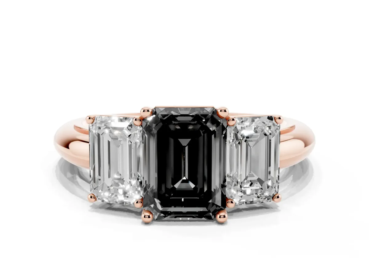 Fancy Black Three-Stone Emerald Cut Cut Diamond Engagement Ring with Prong Setting on a White Gold Band Rose gold