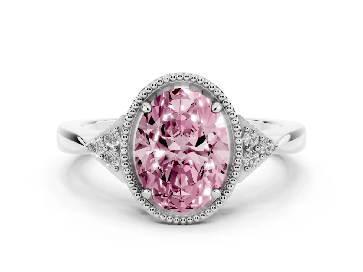 Fancy Pink Hexagonal Halo Oval Cut Diamond Solitaire with Pavé Band and Four-Prong Setting Platinum