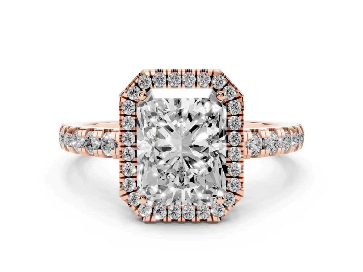 Radiant Cut Diamond Halo Ring with Pavé Band and Four-Prong Setting Rose gold