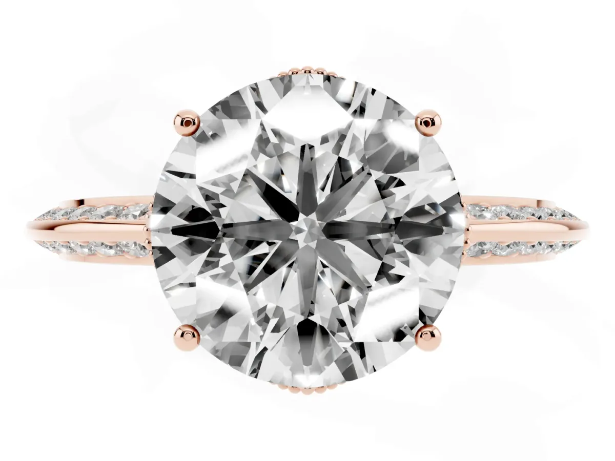 Round Cut Solitaire Split Shank Pave Diamond Engagement Ring with Four-Prong Setting Rose gold