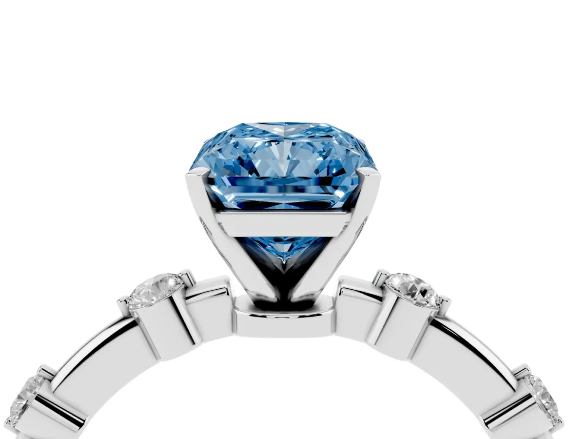 Fancy Blue Radiant Cut Solitaire Diamond Ring with Bezel Set Side Stones and Prong Setting Silver