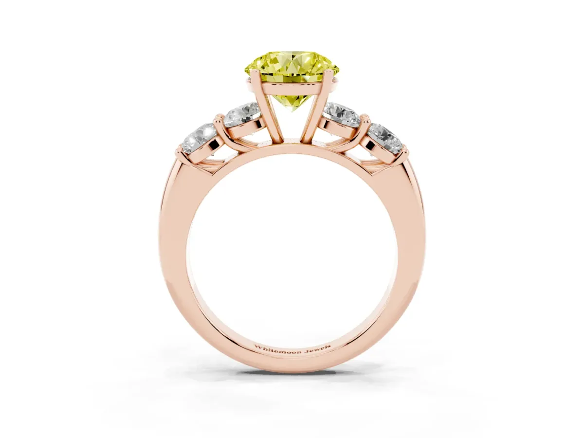 Fancy Yellow Round Cut Cut Five-Stone Prong Set Diamond Ring with Classic Band Rose gold