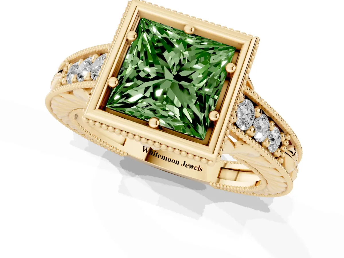 Fancy Green Bezel Set Princess Cut Diamond Milgrain Pave Engagement Ring Yellow gold