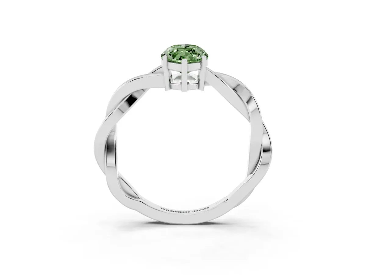 Fancy Green Marquise Cut Solitaire Twisted Pave Diamond Ring with Four-Prong Setting Silver