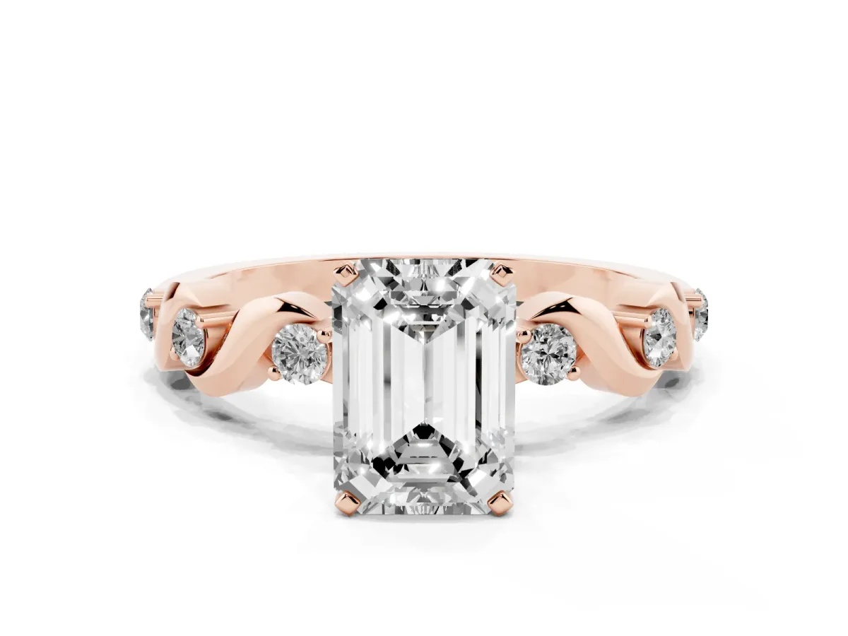 Emerald Cut Diamond Solitaire Twisted Band with Round Accents and Prong Setting Rose gold