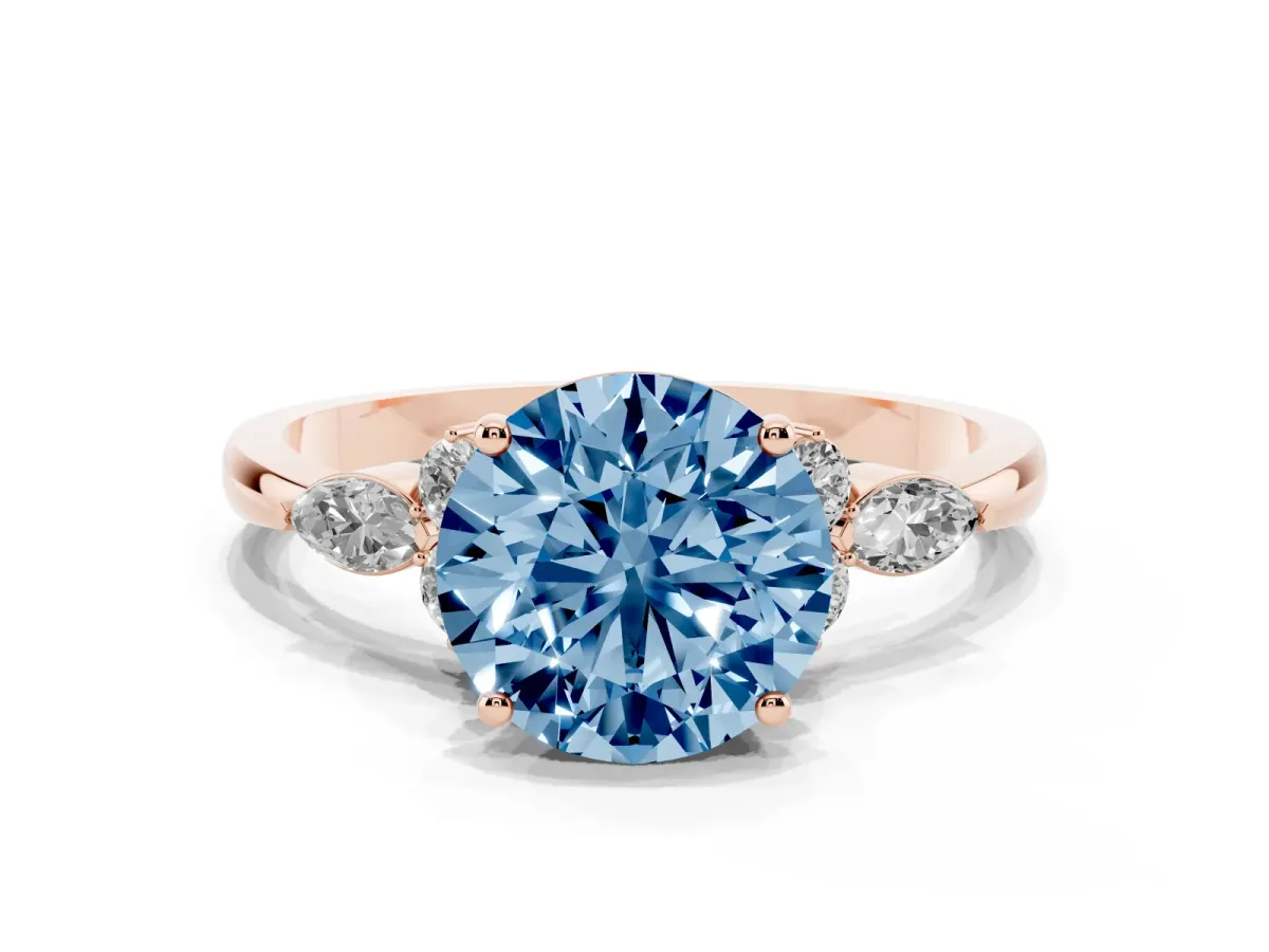 Fancy Blue Round Cut Brilliant Diamond Solitaire Ring with Pear Side Stones and Four-Prong Setting Rose gold