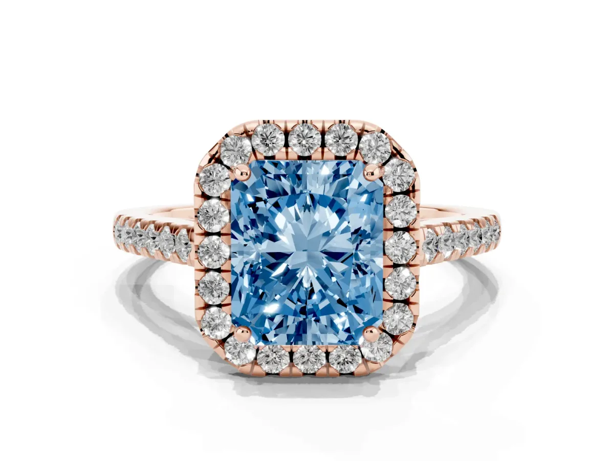 Fancy Blue Radiant Cut Halo Pavé Diamond Engagement Ring with Four-Prong Setting Rose gold