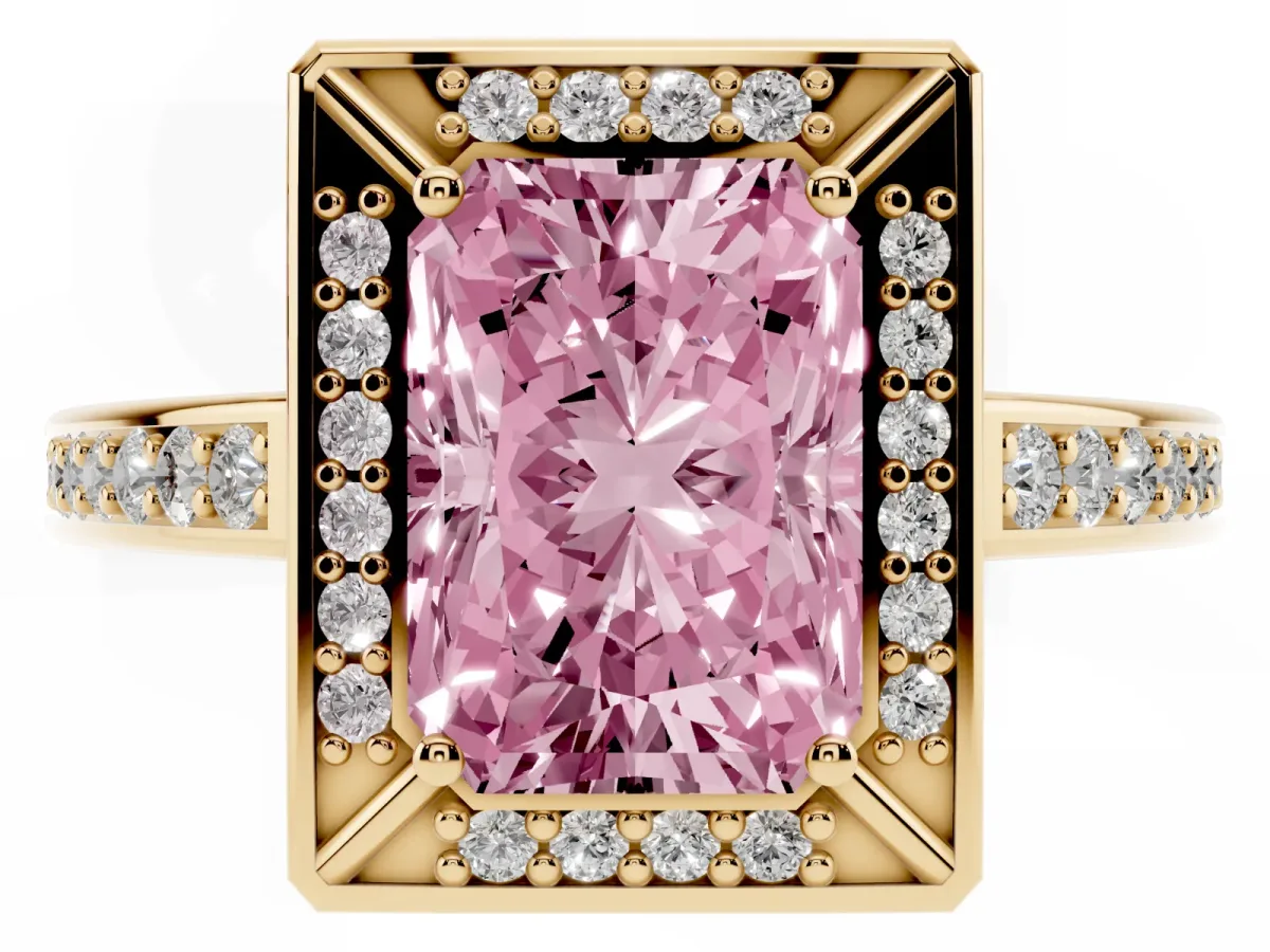 Fancy Pink Radiant Cut Cut Halo Pave Split Shank Prong Setting Ring Yellow gold