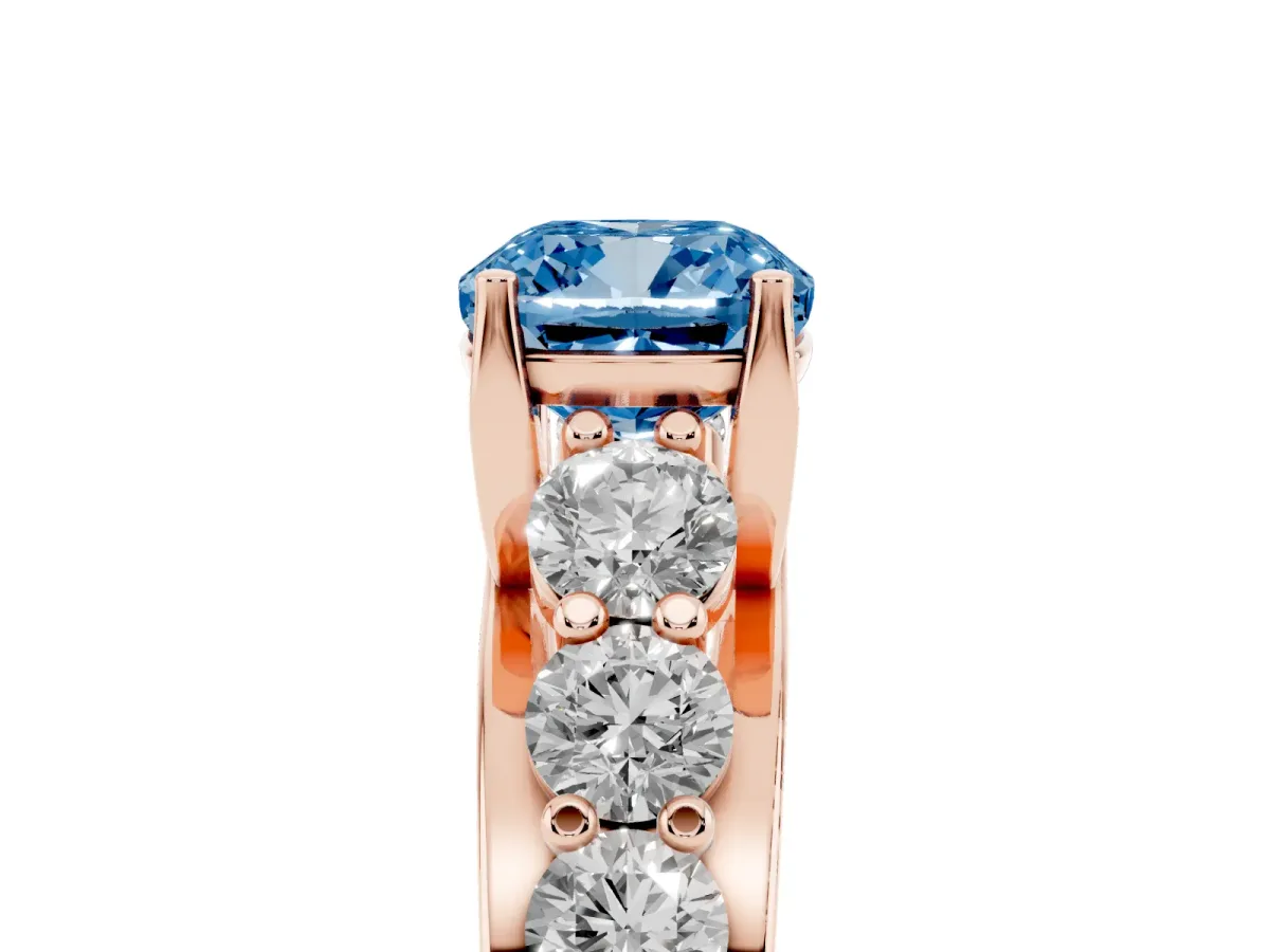 Fancy Blue Cushion Cut Diamond Engagement Ring with Pavé Band and Four-Prong Setting Rose gold
