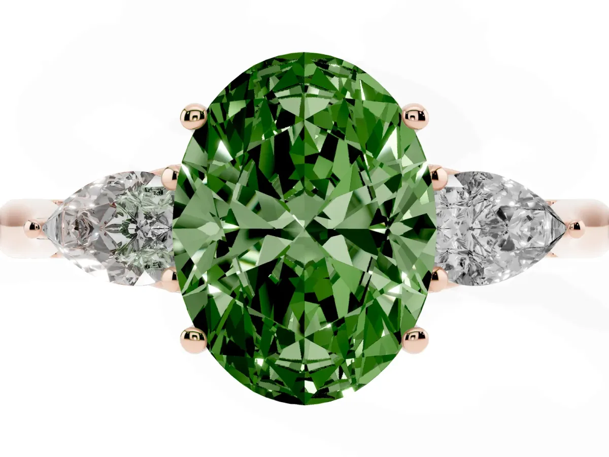 Fancy Green Three-Stone Oval Cut Brilliant Diamond Solitaire Ring with Tapered Band and Four-Prong Setting Rose gold