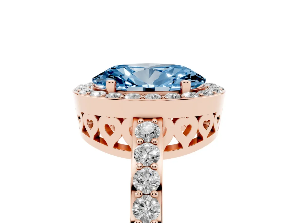 Fancy Blue Oval Cut Halo Diamond Pavé Band Ring with Prong Setting Rose gold