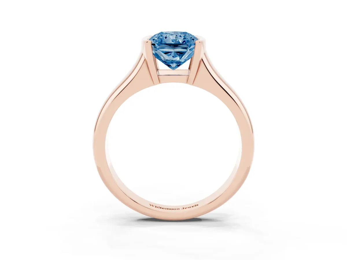 Fancy Blue Radiant Cut Solitaire Tension Set Diamond Ring with Split Shank Band Rose gold