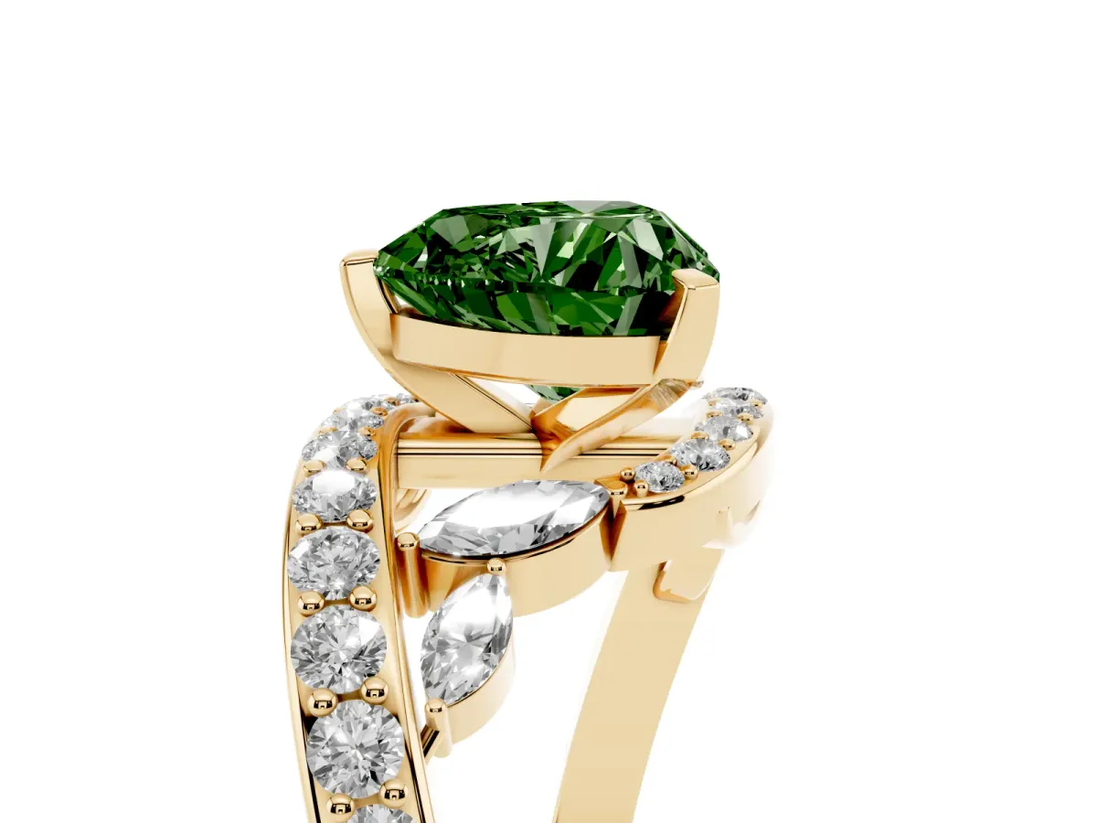 Fancy Green Heart Cut Solitaire with Pavé Twist Band and Four-Prong Setting Yellow gold