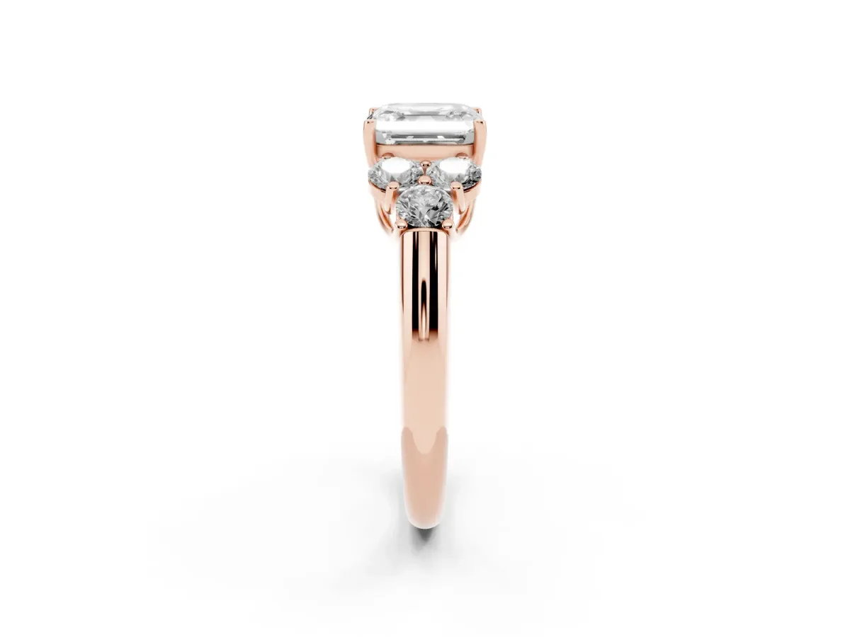Asscher Cut Cut Diamond Cluster Ring with Round Accent Stones and Prong Setting on a Classic Band Rose gold