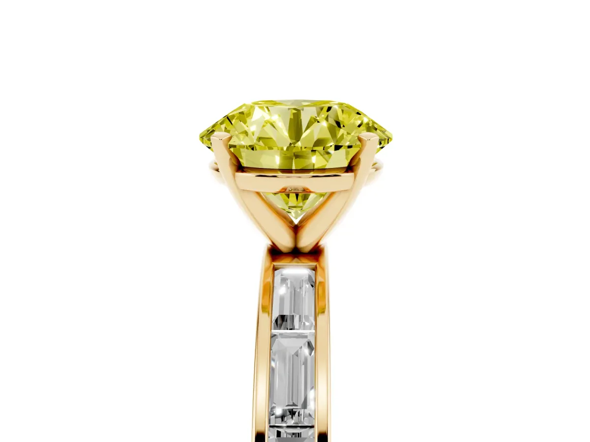 Fancy Yellow Round Cut Solitaire Diamond Ring with Channel-Set Baguette Band and Four-Prong Setting Yellow gold