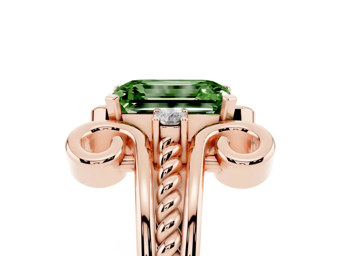 Fancy Green Emerald Cut Solitaire Twisted Band Scroll Prong Ring Rose gold