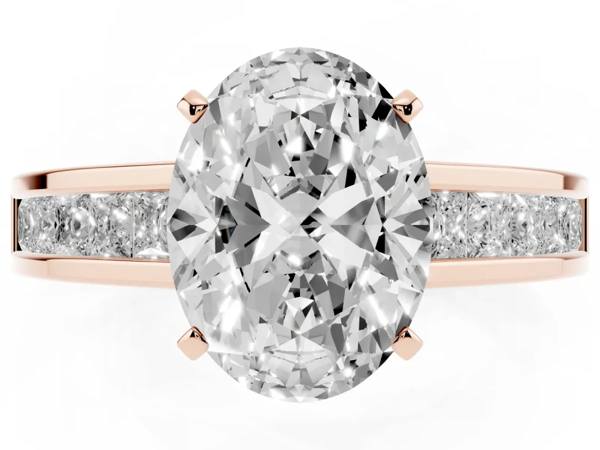 Oval Cut Solitaire Diamond Ring with Channel-Set Band and Four-Prong Setting Rose gold