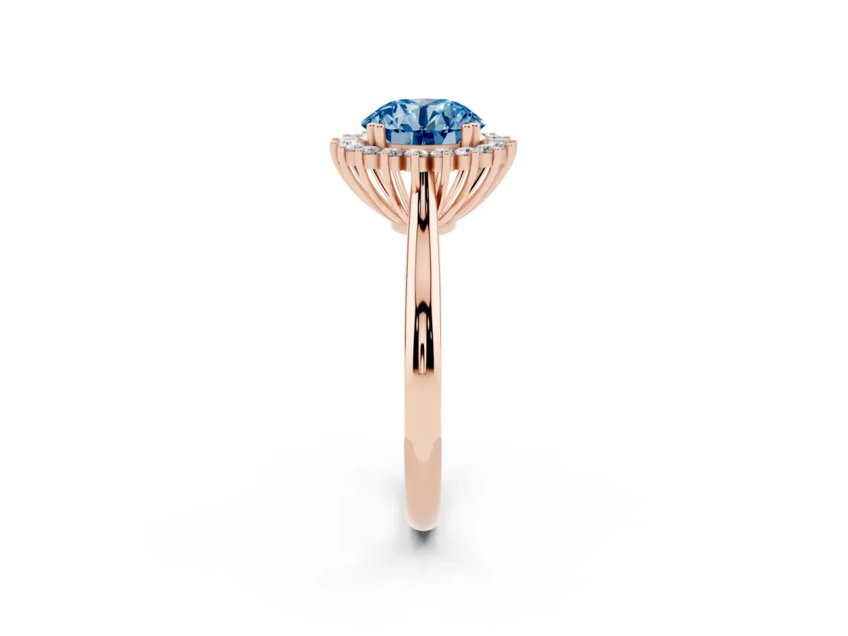 Fancy Blue Round Cut Cut Diamond Halo Ring with Solitaire Band and Prong Setting Rose gold