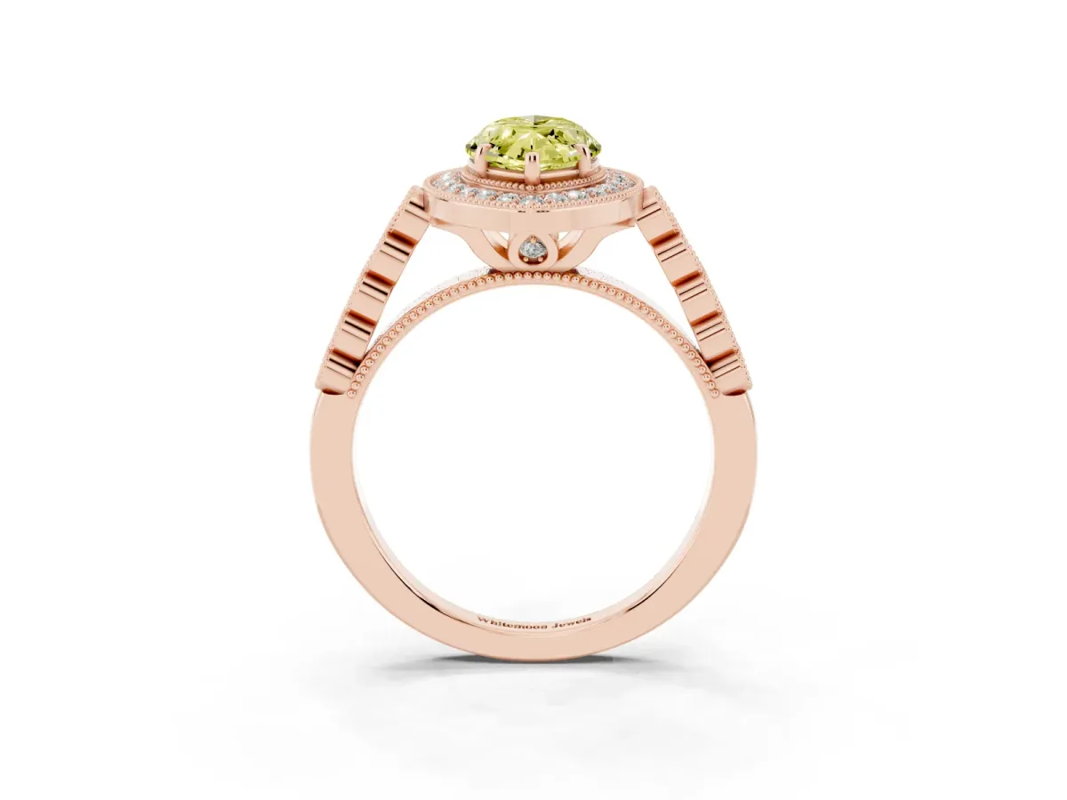 Fancy Yellow Marquise Cut Halo Milgrain Solitaire with Bezel Set Side Stones and Pave Band Rose gold