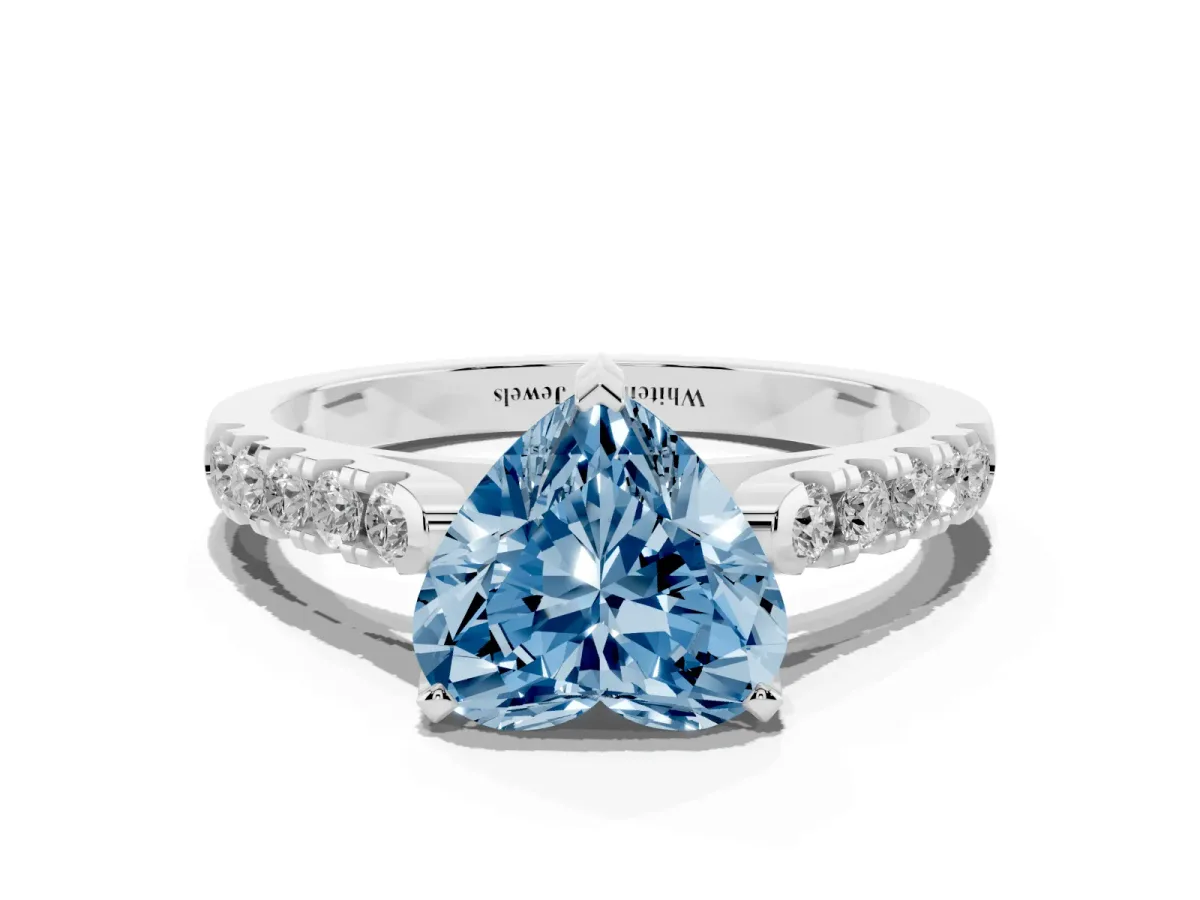 Fancy Blue Heart Cut Diamond Pavé Band Solitaire Ring with Prong Setting Silver