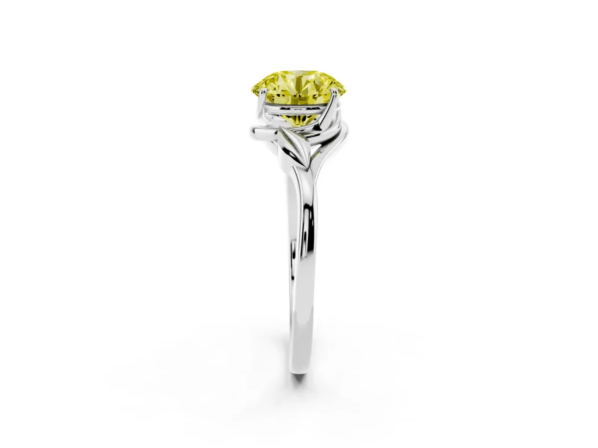 Fancy Yellow Round Cut Diamond Solitaire Ring with Twist Band and Four-Prong Setting Silver