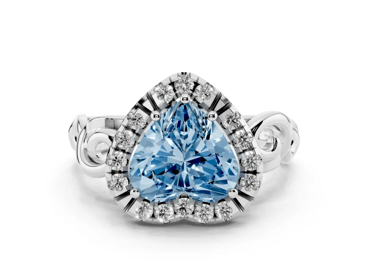 Fancy Blue Heart Cut Cut Halo Diamond Ring with Scrollwork Band and Four-Prong Setting Platinum