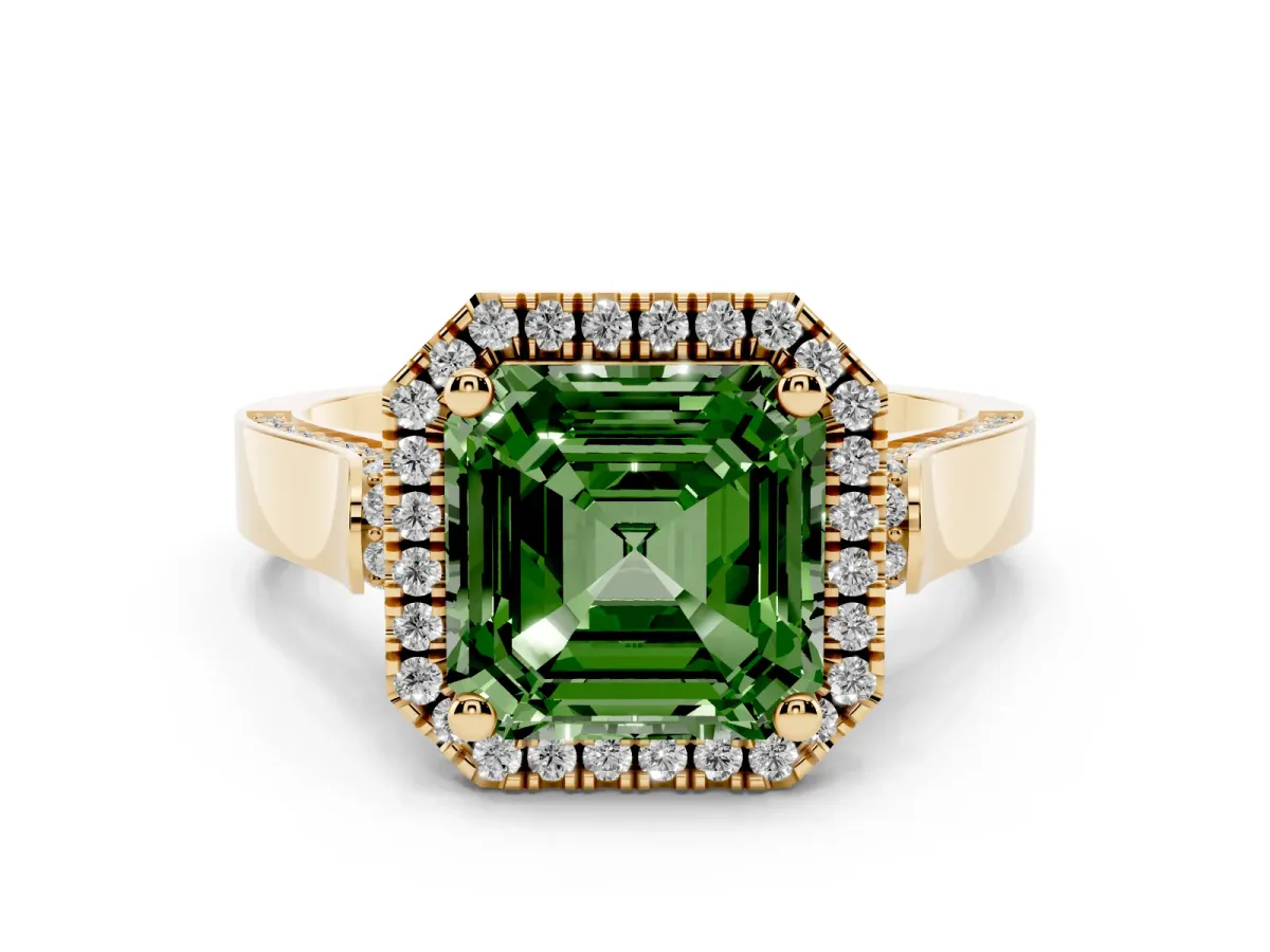 Fancy Green Asscher Cut Halo Pave Split Shank Prong Setting Ring Yellow gold