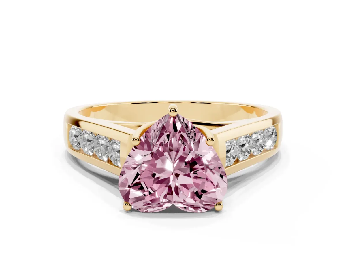 Fancy Pink Heart Cut Solitaire Channel-Set Diamond Engagement Ring with Four-Prong Setting Yellow gold