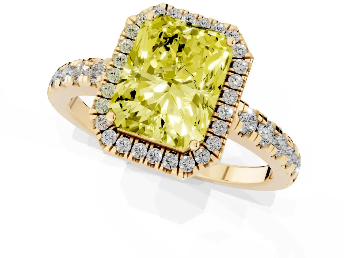 Fancy Yellow Radiant Cut Diamond Halo Ring with Pavé Band and Four-Prong Setting Yellow gold
