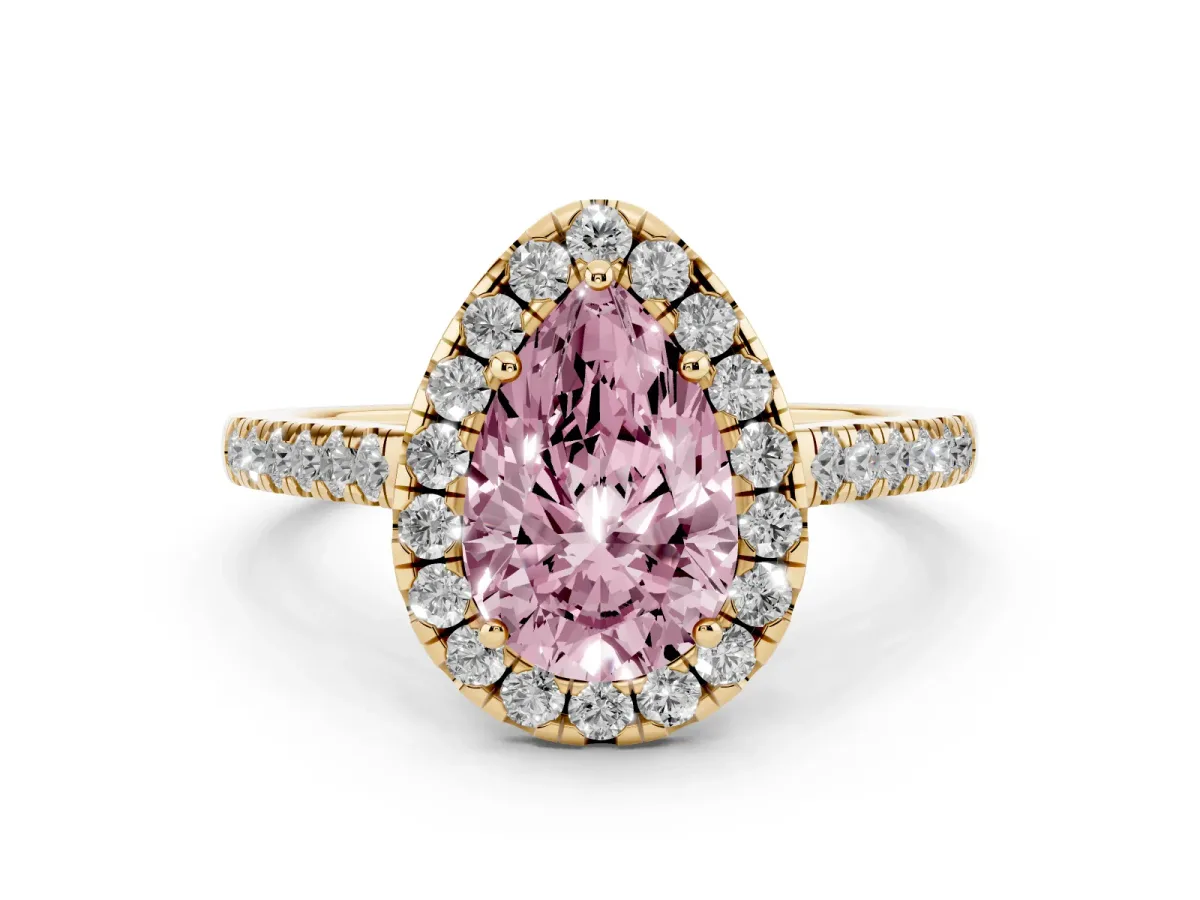 Fancy Pink Pear Cut Halo Pave Diamond Engagement Ring with Four-Prong Setting Yellow gold