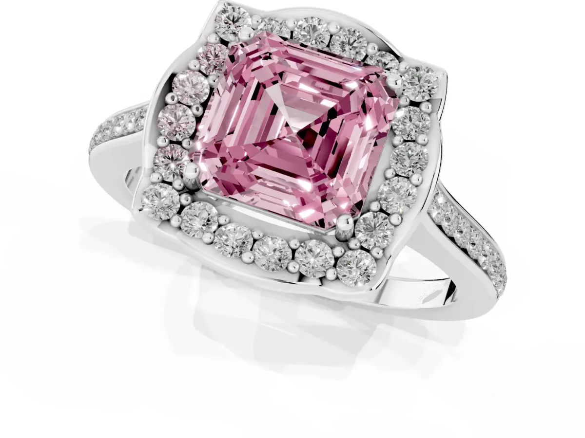 Fancy Pink Asscher Cut Halo Round Diamond Pave Band with Four-Prong Setting Platinum