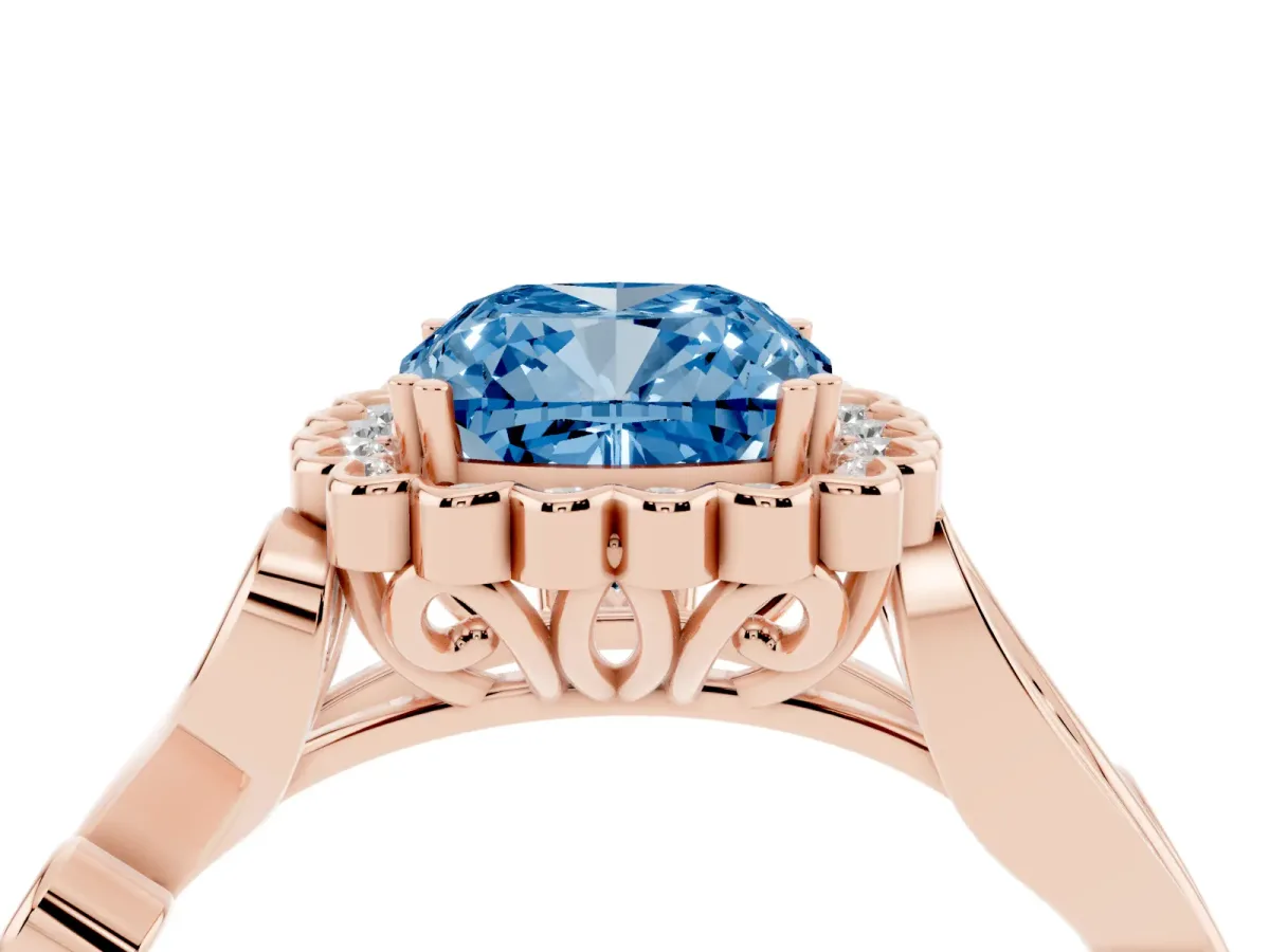 Fancy Blue Cushion Cut Diamond Halo Ring with Vintage Split Shank and Four-Prong Setting Rose gold