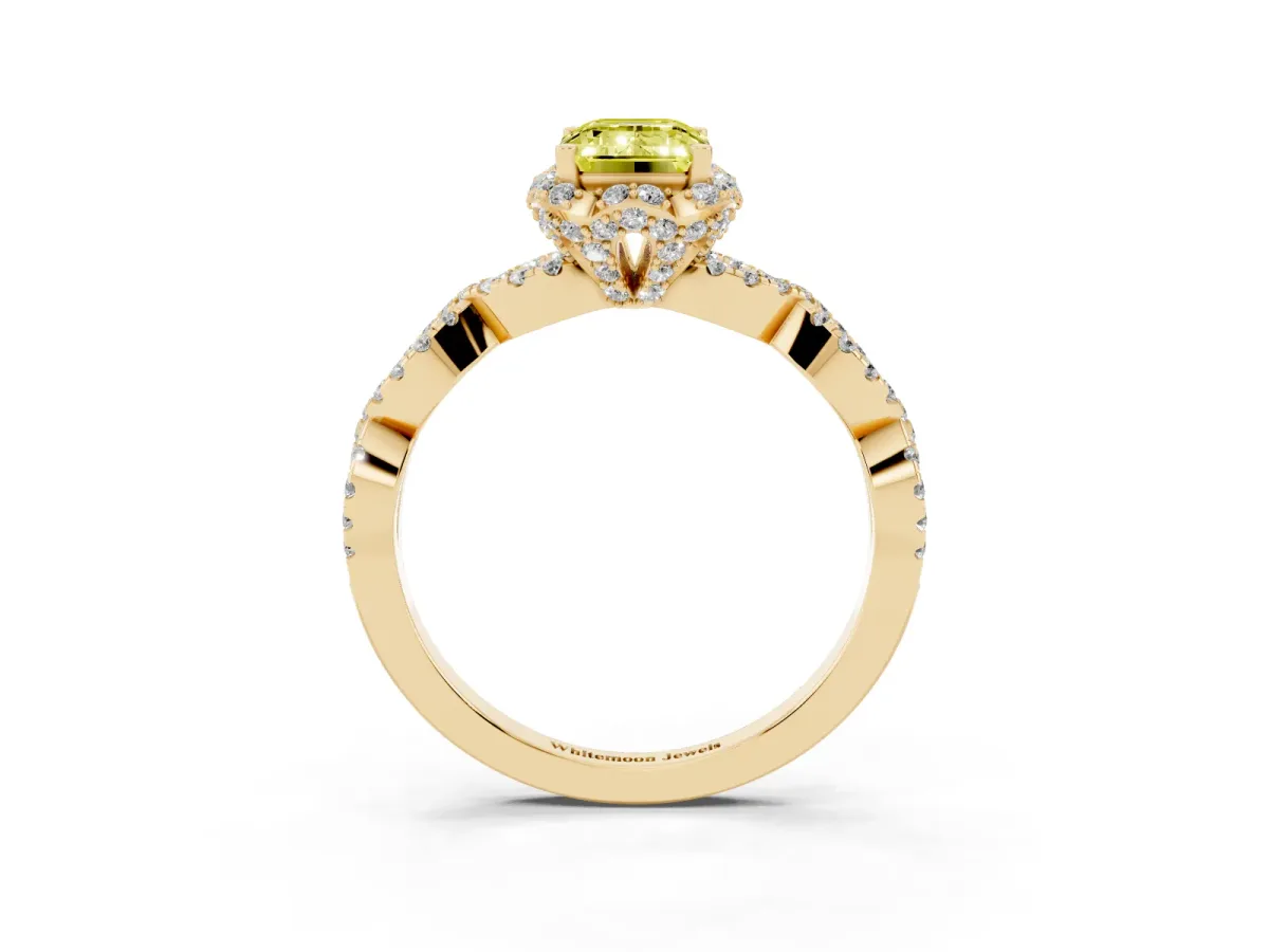 Fancy Yellow Emerald Cut Halo Twist Band Solitaire Ring with Six-Prong Setting Yellow gold