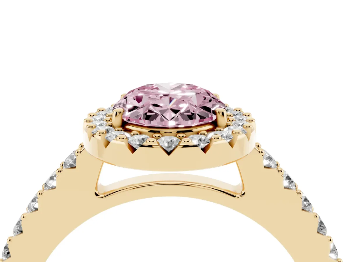 Fancy Pink Oval Cut Halo Diamond Pavé Solitaire Ring Yellow gold