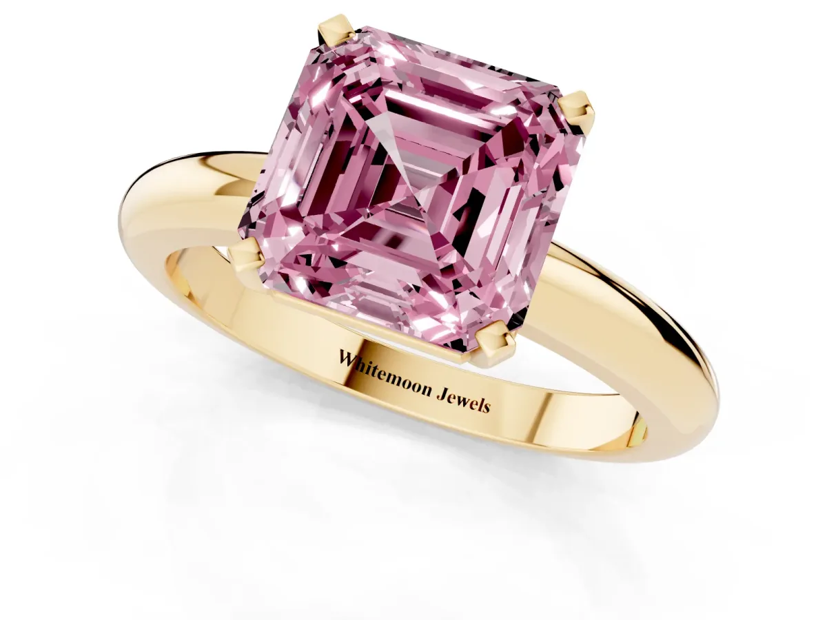 Fancy Pink Asscher Cut Diamond Solitaire Engagement Ring with Round Band and Four-Prong Setting Yellow gold
