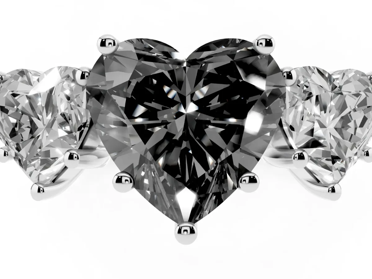 Fancy Black Three-Stone Heart Cut Diamond Ring with Round Pavé Band and Prong Setting Silver