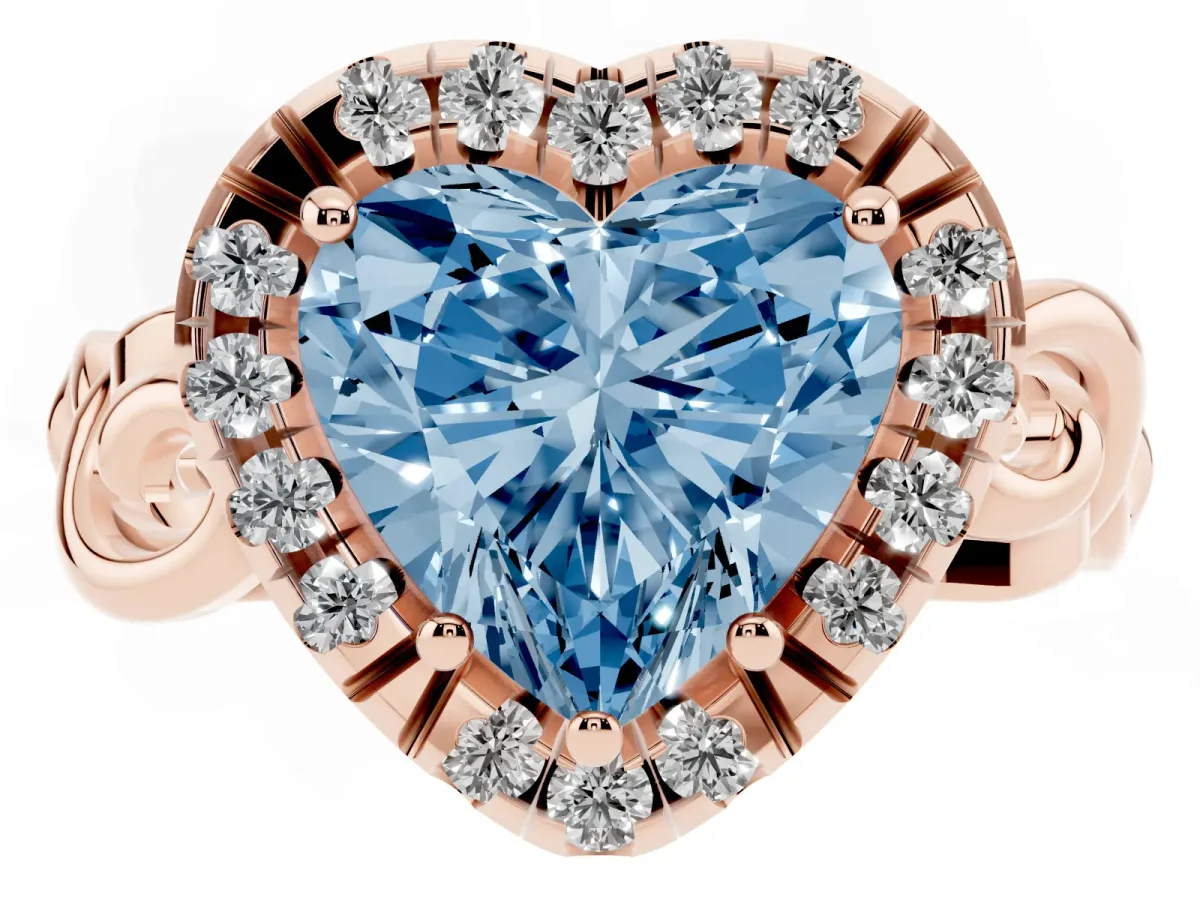 Fancy Blue Heart Cut Cut Halo Diamond Ring with Scrollwork Band and Four-Prong Setting Rose gold