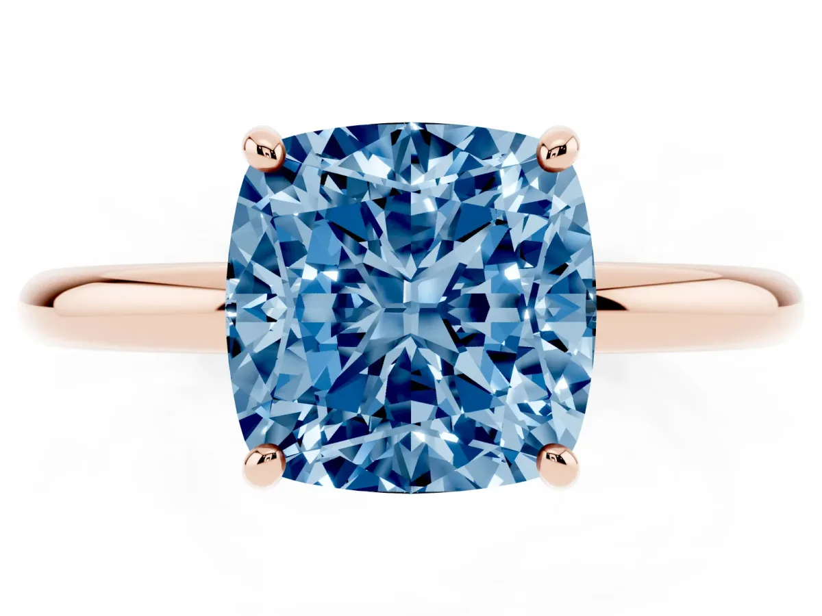 Fancy Blue Cushion Cut Solitaire Diamond Ring with Four-Prong Setting on a Plain Band Rose gold