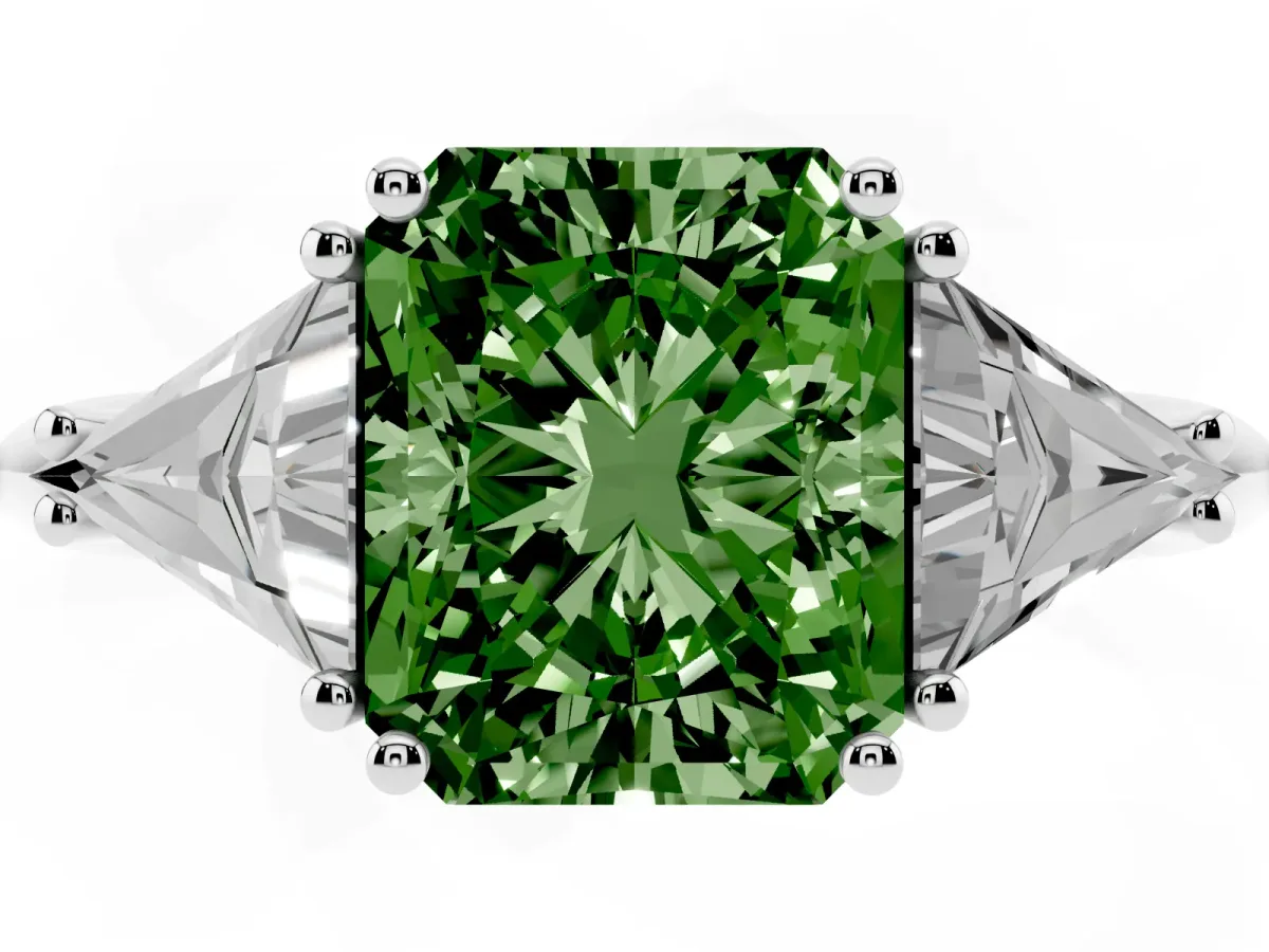 Fancy Green Three-Stone Radiant Cut Diamond Engagement Ring with Trillion Side Stones and Prong Setting Silver